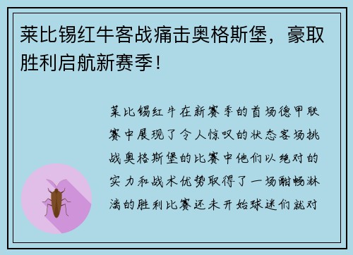 莱比锡红牛客战痛击奥格斯堡，豪取胜利启航新赛季！